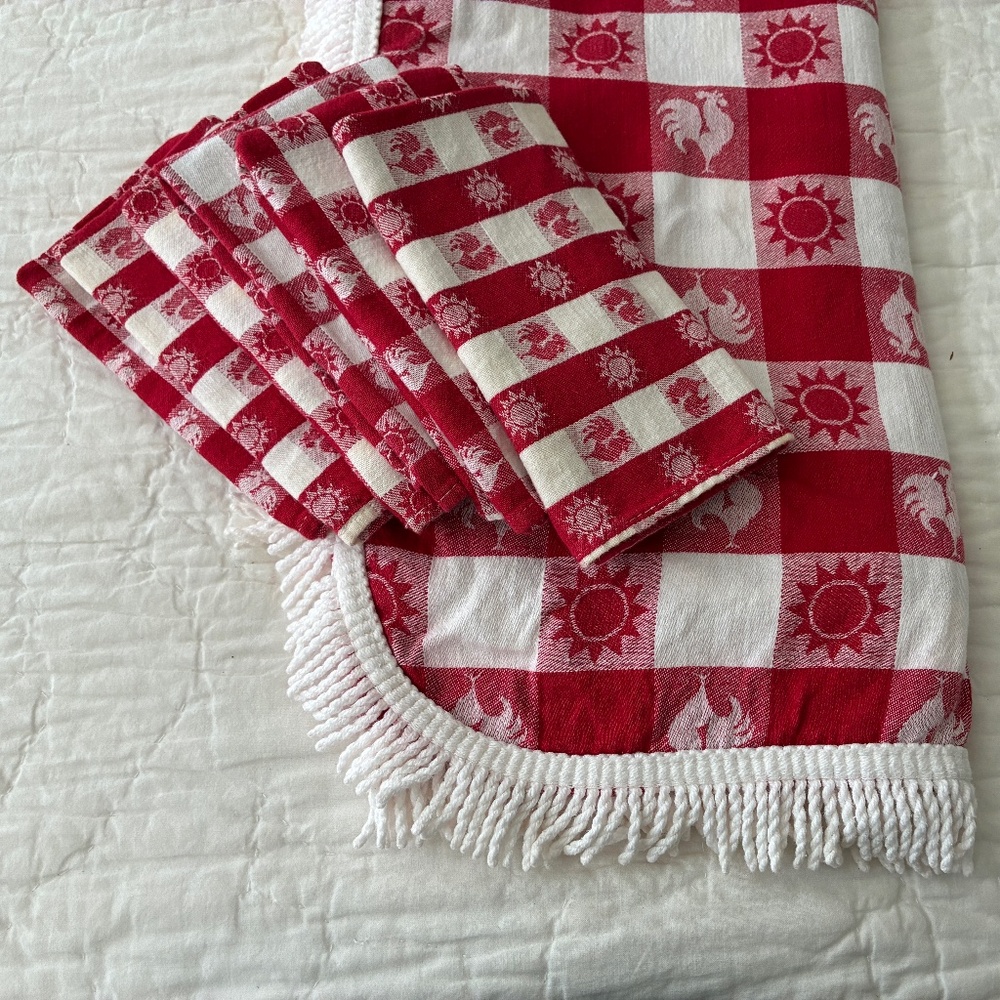 Vintage Red And White Gingham Check Tablecloth With Napkins 80x44 Rooster/Sun